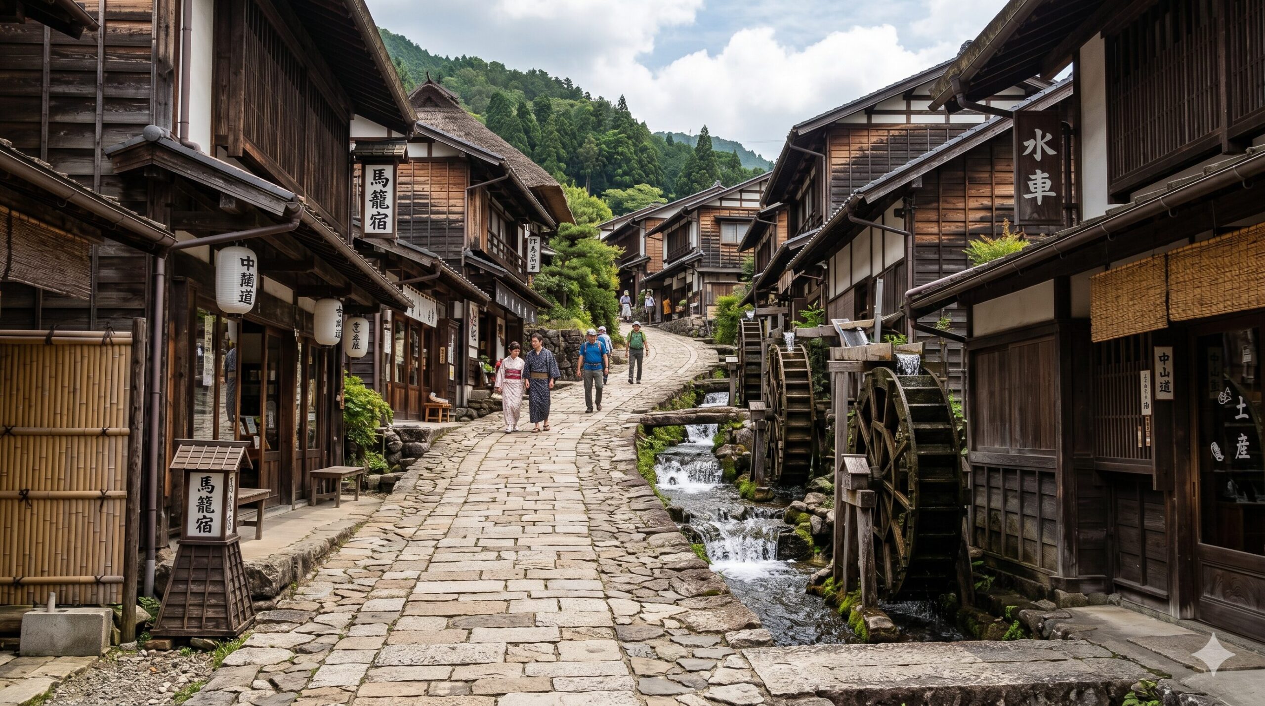 Narai-juku Edo-period post town cobblestone street with wooden merchant buildings and waterwheel in summer