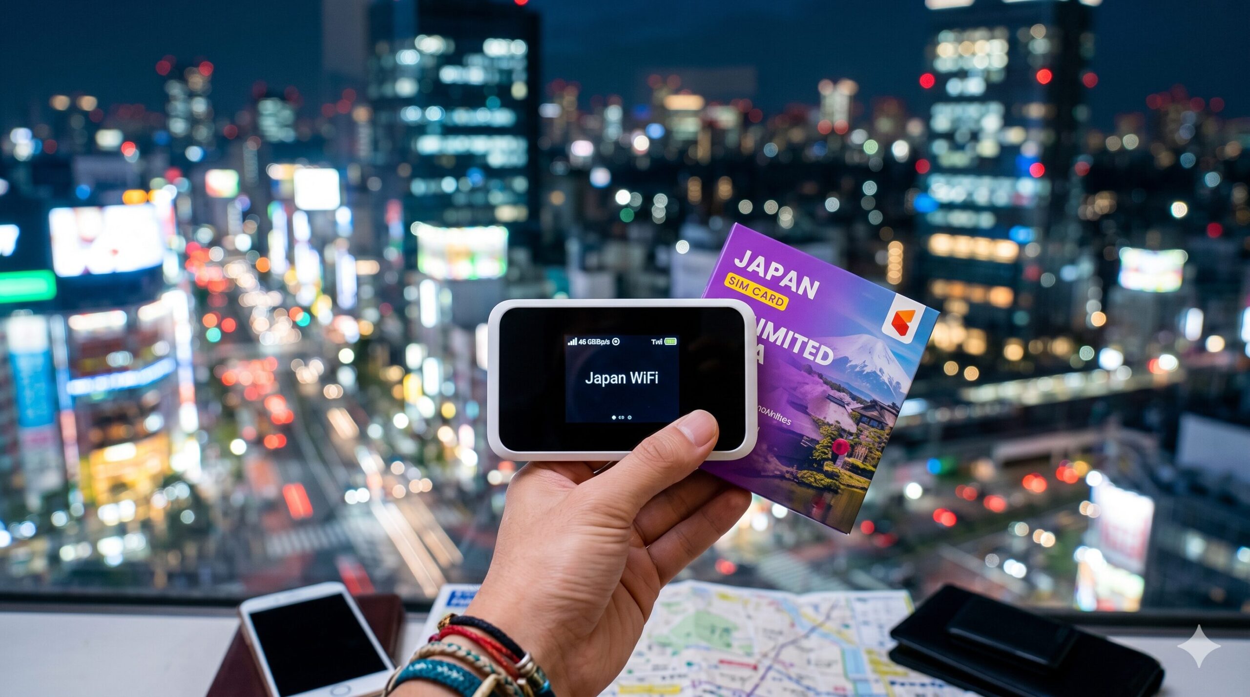Hand holding Japan WiFi pocket router and SIM card with Tokyo city lights glowing in background