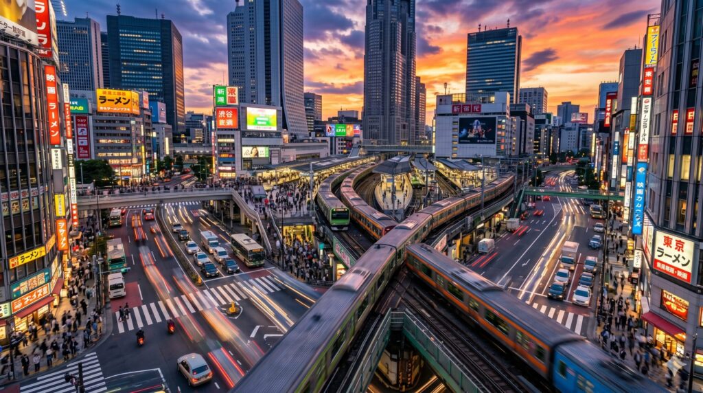黄昏亮起灯光的东京新宿酒店与街景