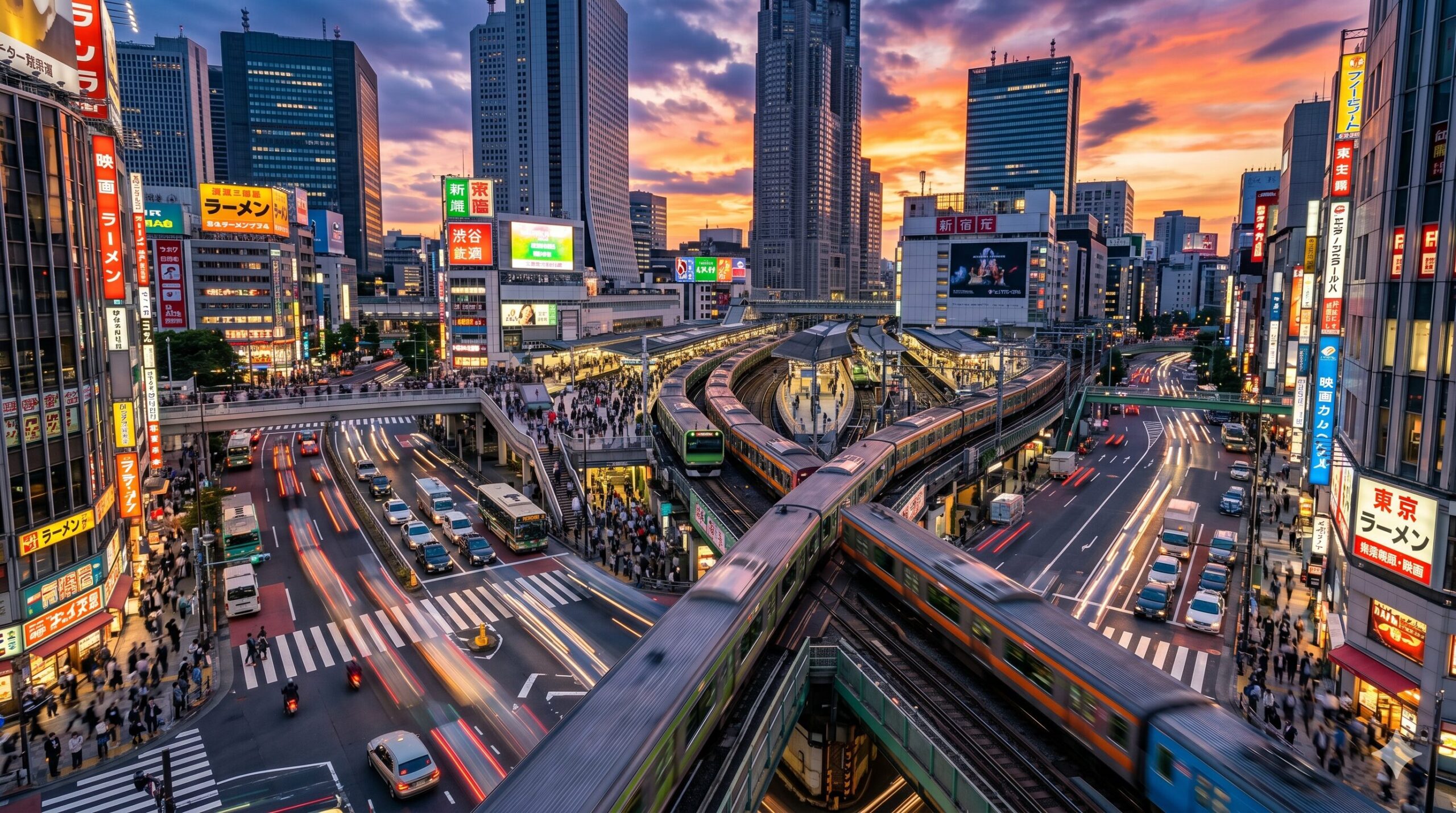 Aerial view of Shinjuku at dusk with neon lights, trains, and busy intersection, Tokyo Japan