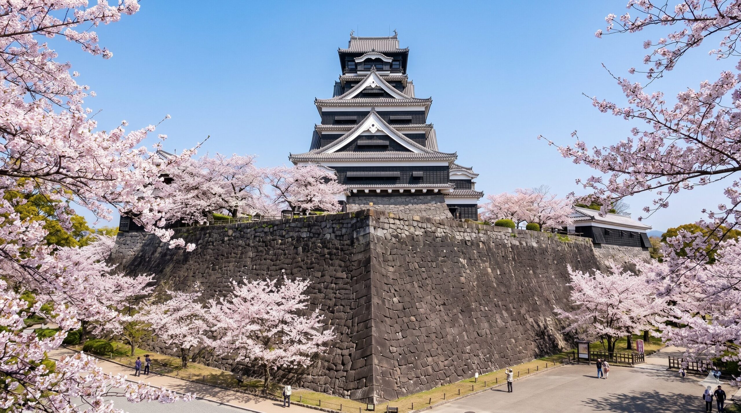 Kumamoto Castle surrounded by pink cherry blossoms in full bloom under a clear blue spring sky in Kyushu Japan