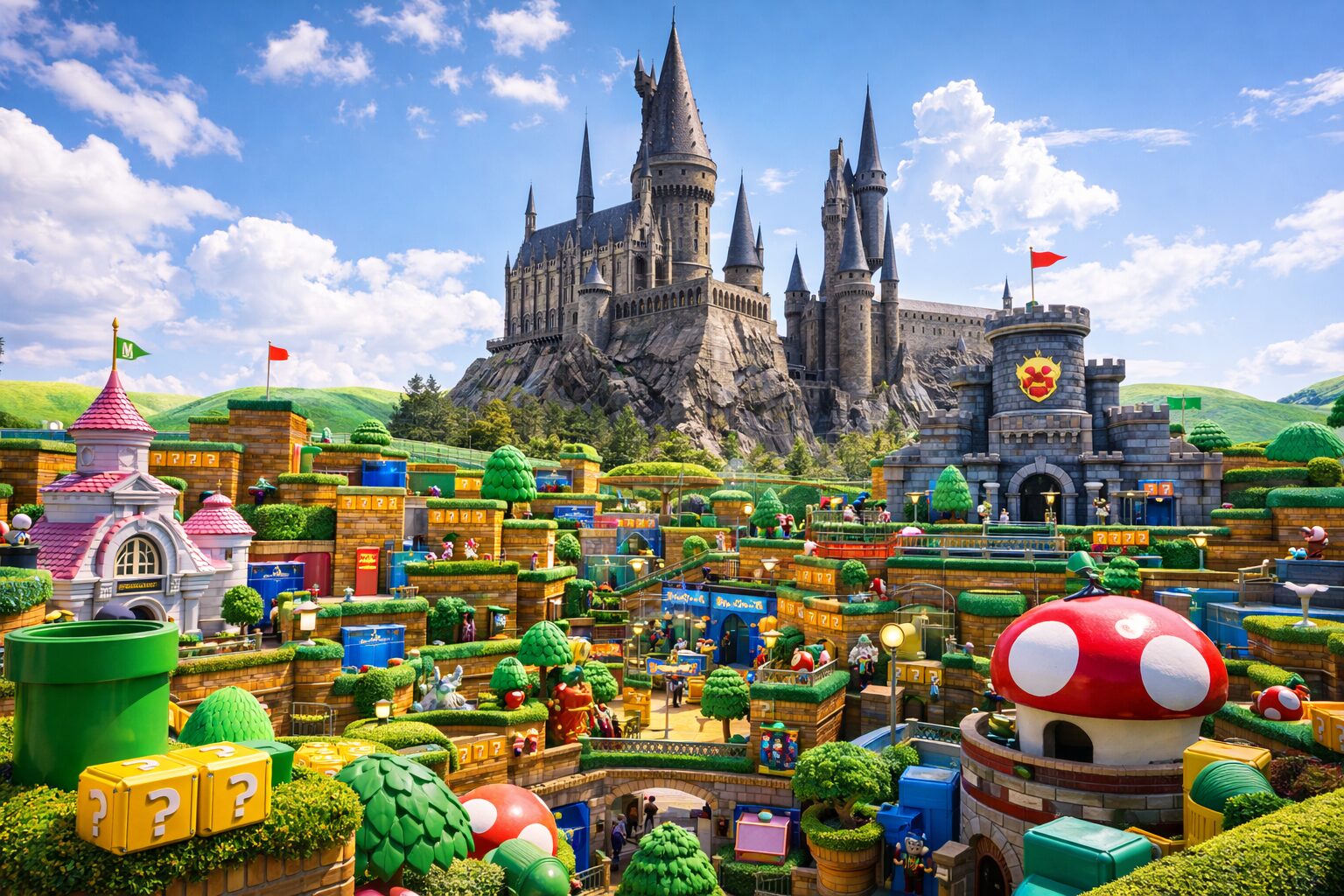 Super Nintendo World and Hogwarts Castle aerial view at Universal Studios Japan Osaka with Mario themed attractions