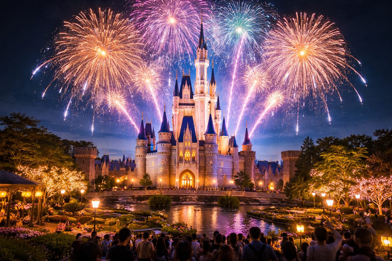 Cinderella Castle at Tokyo Disneyland with spectacular colorful fireworks lighting up the night sky over crowds of visitors