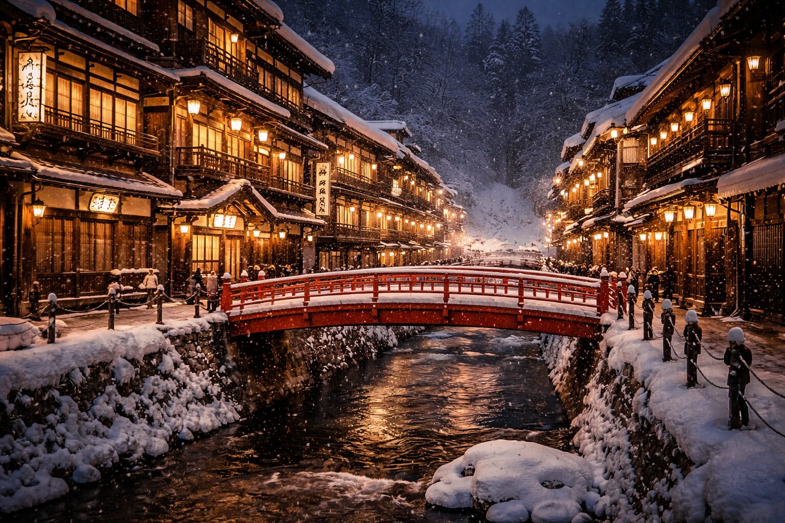 Ginzan Onsen winter night scene with snow-covered ryokan red bridge over river and warm lantern light
