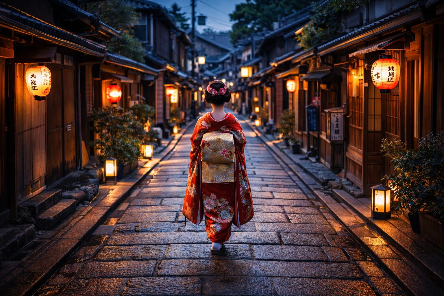 Maiko in red floral kimono walking along lantern-lit cobblestone street in Kyoto's Gion district at night