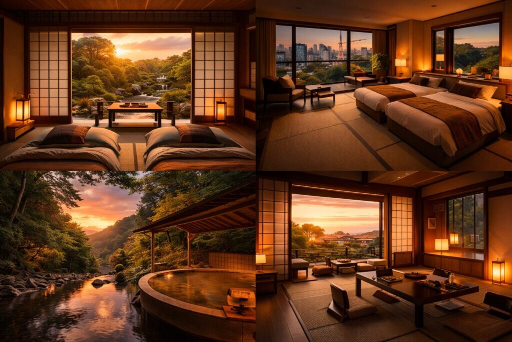 Traditional ryokan room with tatami floor and a view of the garden
