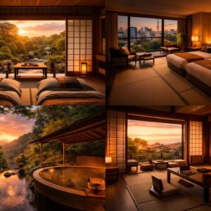 Traditional Japanese ryokan tatami room with futon bedding, shoji screens, and view of an outdoor onsen hot spring bath in Hakone