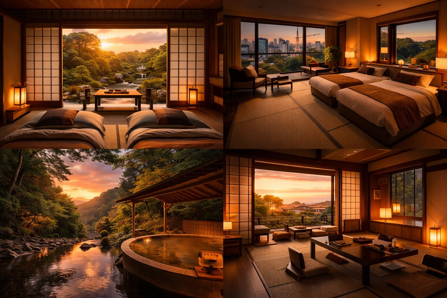 Traditional Japanese ryokan room with tatami mats and a low table facing the garden