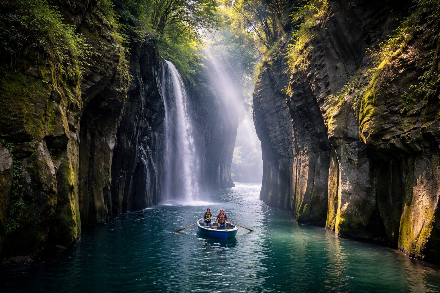 Tourists in a rowboat navigating Takachiho Gorge in Miyazaki Japan beside a tall waterfall and towering basalt rock walls
