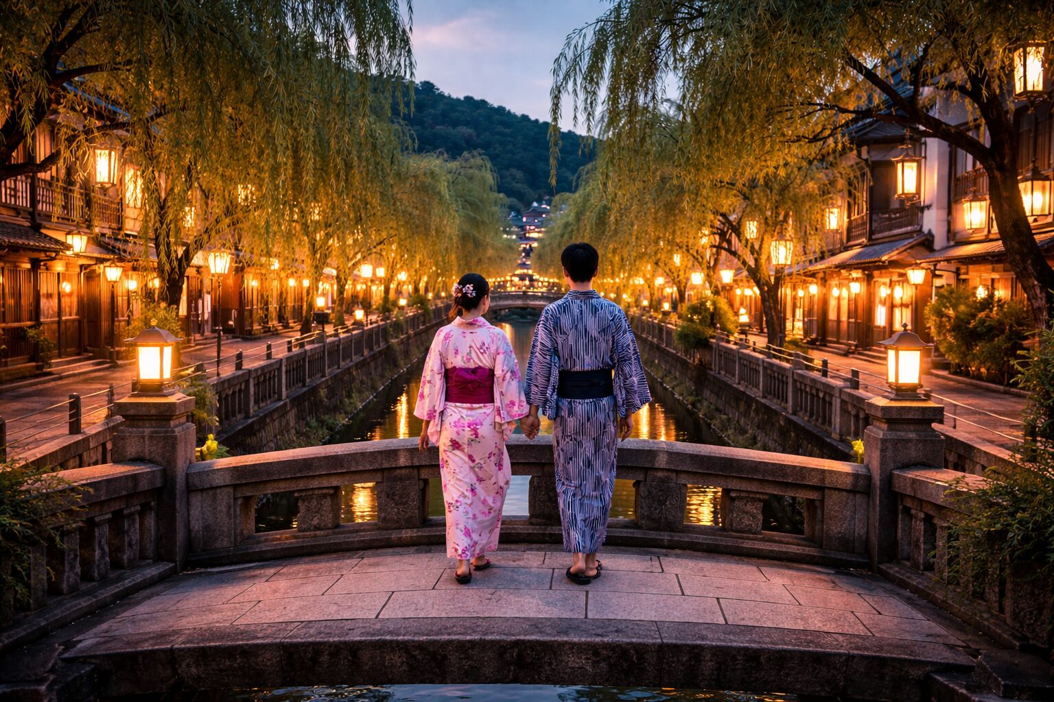 Couple in yukata viewed from behind standing on bridge over lantern-lit Kinosaki Onsen canal at dusk