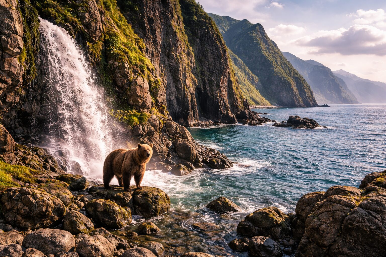 Brown bear standing on rocky coastal shore beside a dramatic waterfall and rugged cliffs in Hokkaido Japan