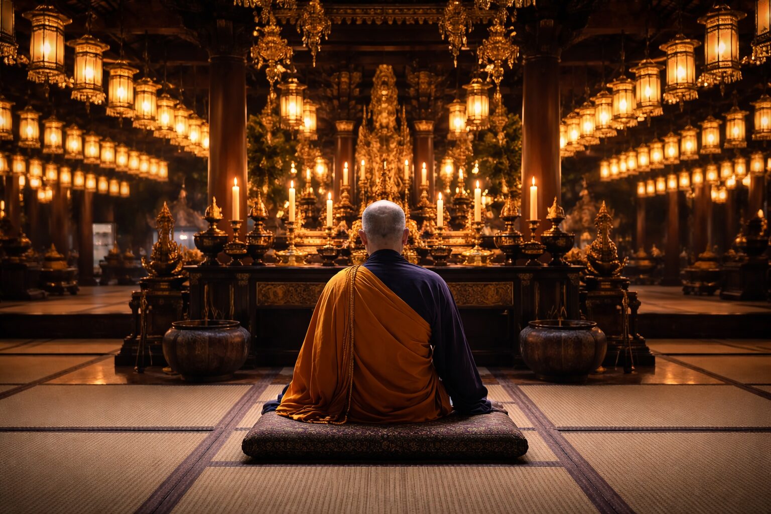 Buddhist monk in saffron robes meditating before a golden altar adorned with glowing lanterns inside a Japanese temple