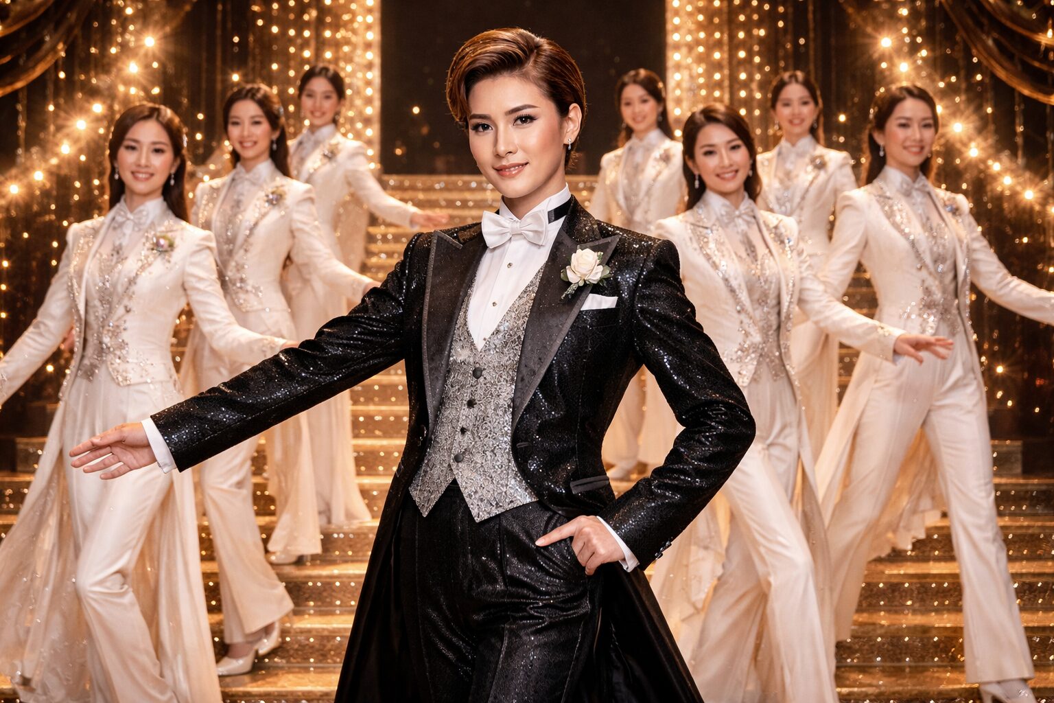 Takarazuka-style theatrical performer in black tuxedo on glittering stage with ensemble dancers