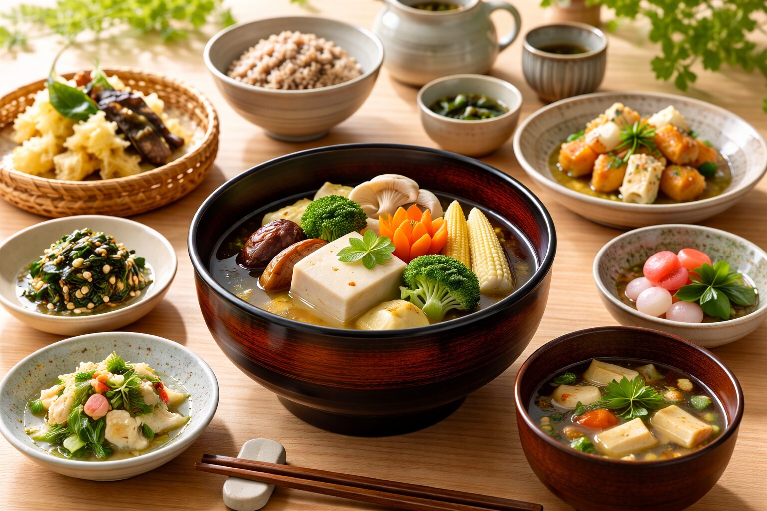 Japanese tofu hot pot dish with vegetables and miso soup surrounded by side dishes on a wooden table