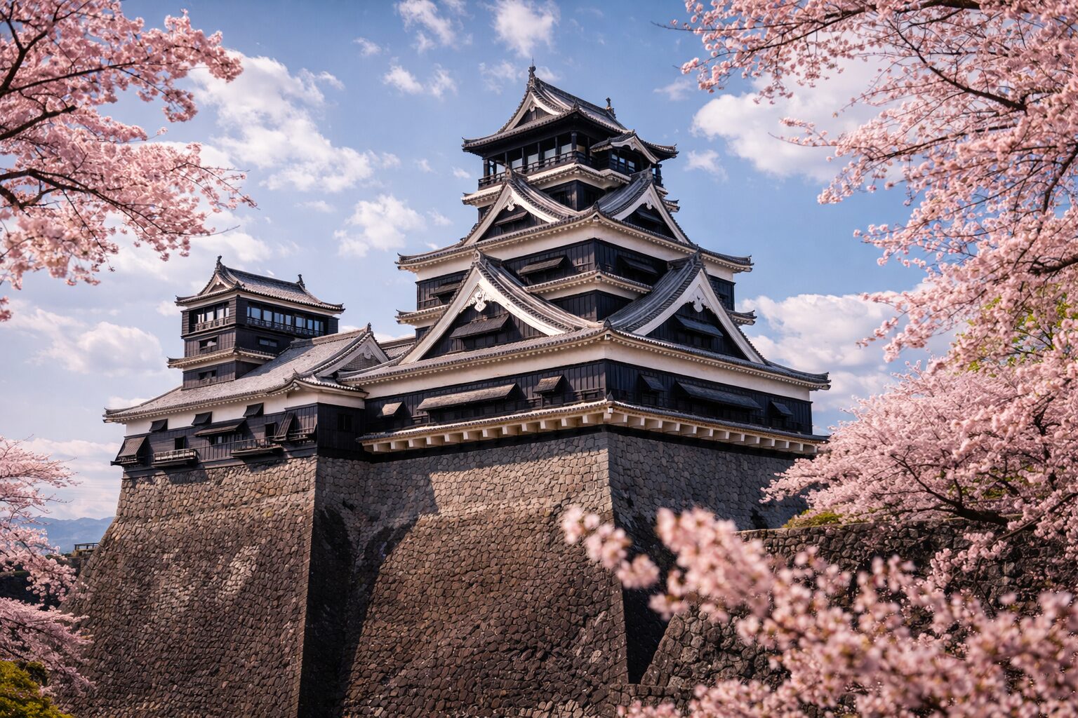 Kumamoto Castle black keep towering over stone walls framed by cherry blossoms in spring Kyushu Japan