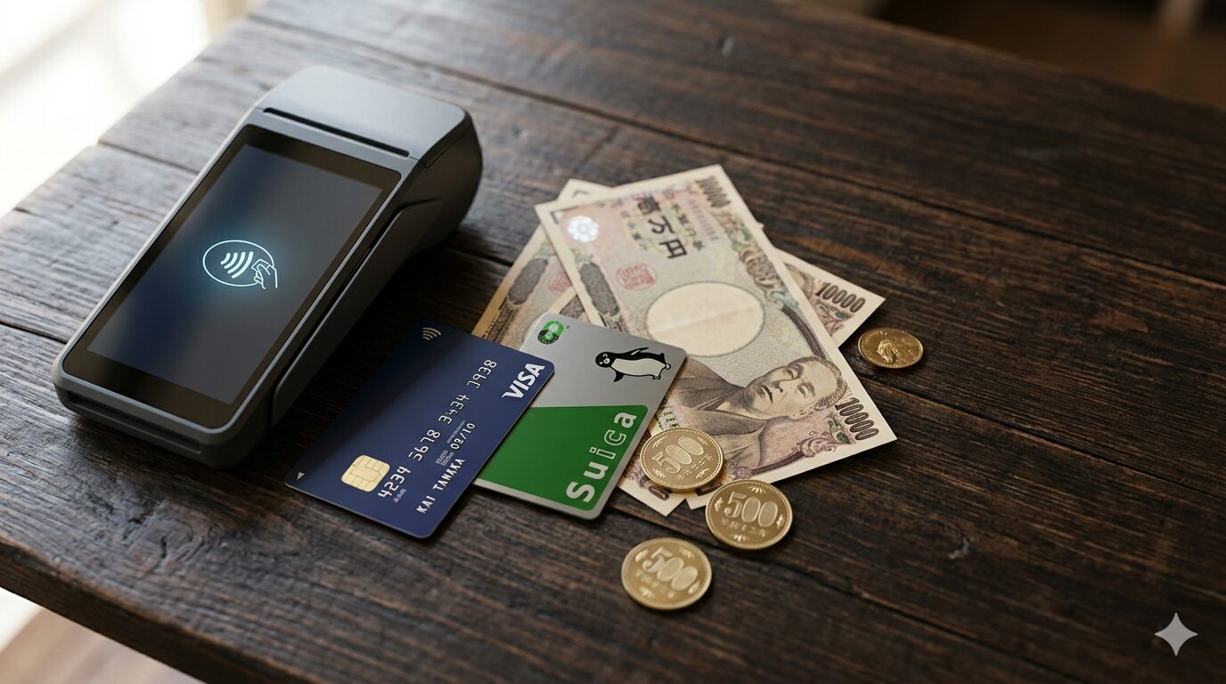 Japanese yen notes and coins, a Visa card and a Suica on a wooden table