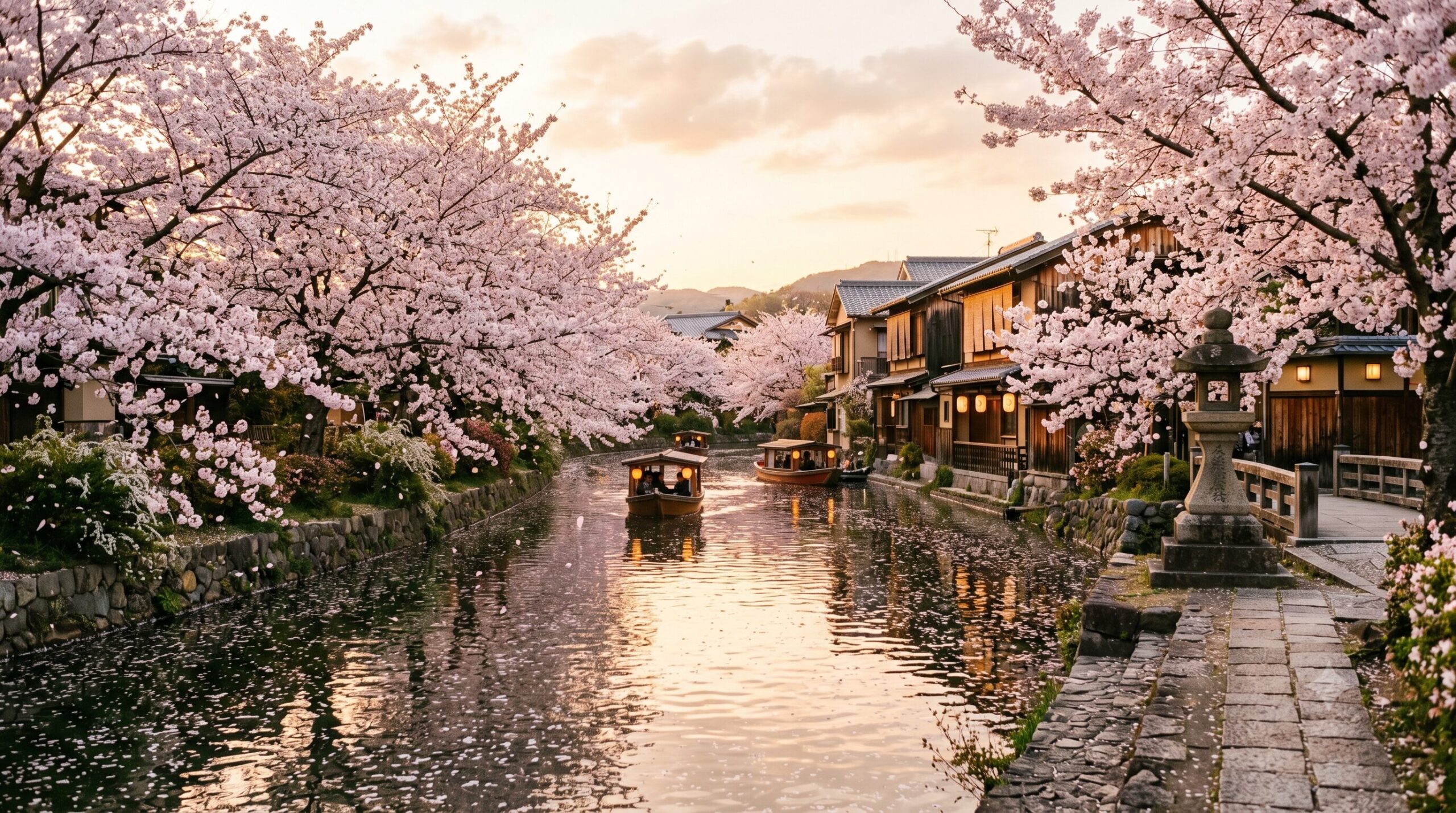 Cherry blossoms in full bloom along a Kyoto canal at golden hour with traditional houses and boats