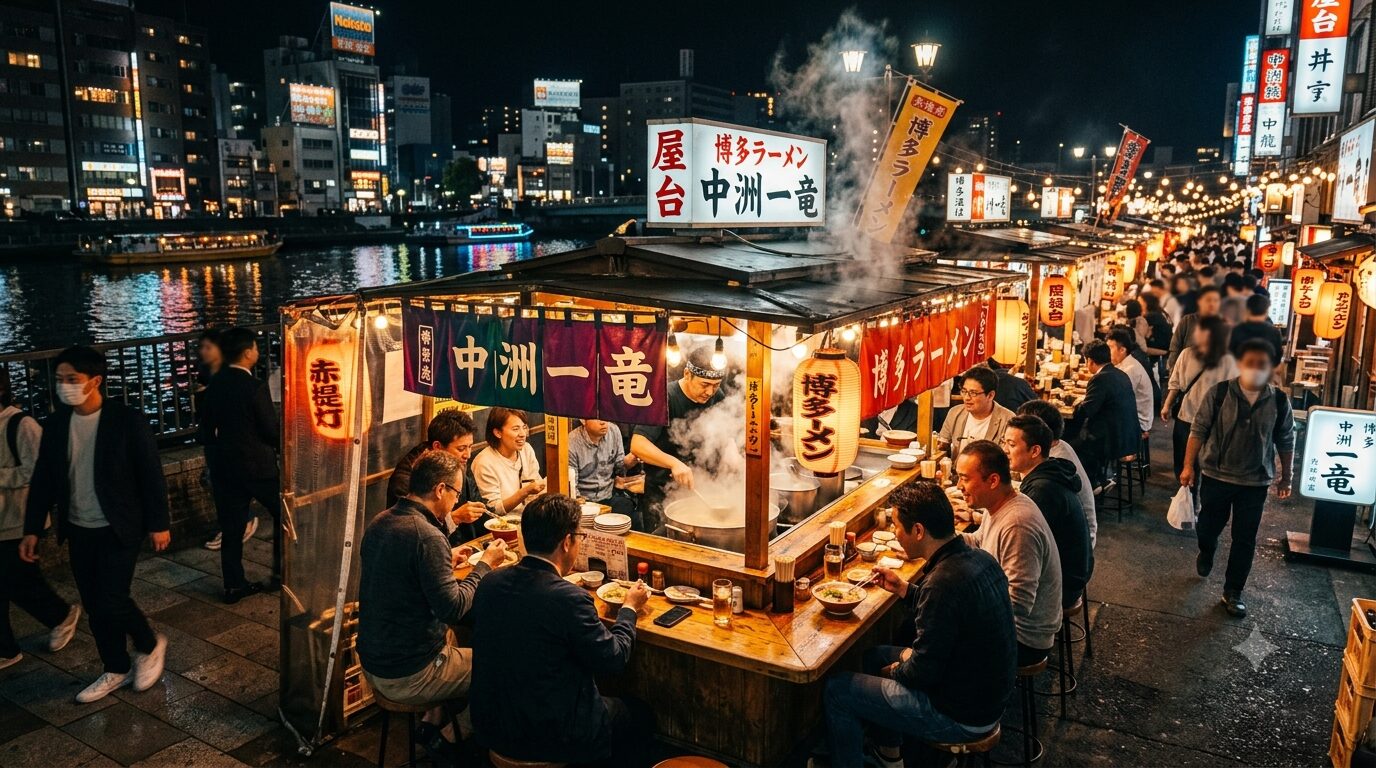 Yatai food stalls in Fukuoka's Nakasu district at night