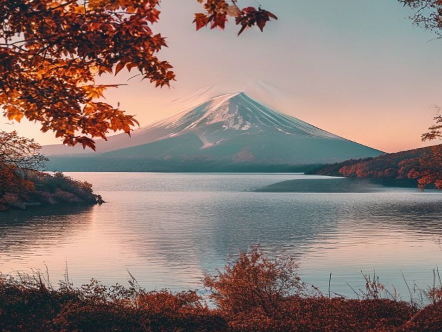 Mount Fuji reflected in a calm lake at sunset, framed by red autumn maple leaves