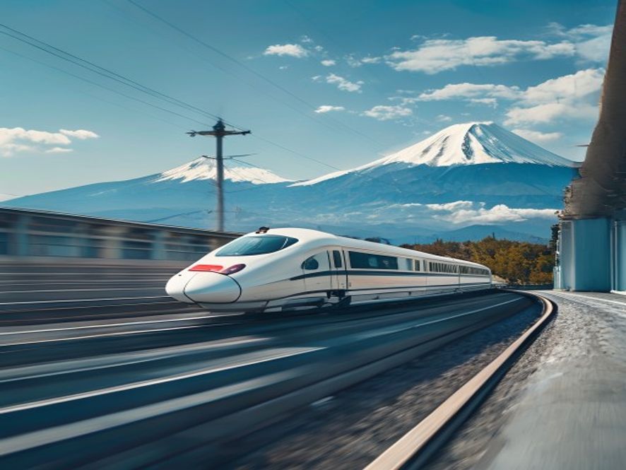 Shinkansen bullet train speeding past snow-capped Mount Fuji