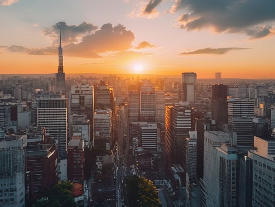 Tokyo skyline at sunset with Tokyo Skytree on the horizon