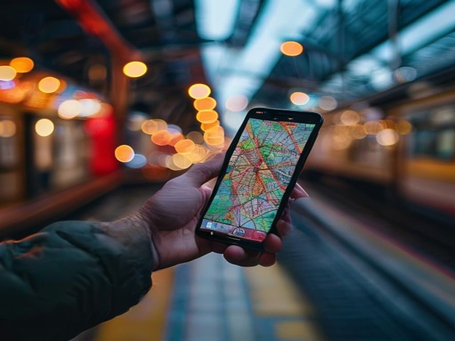 Traveler holding a smartphone with a map app on a station platform