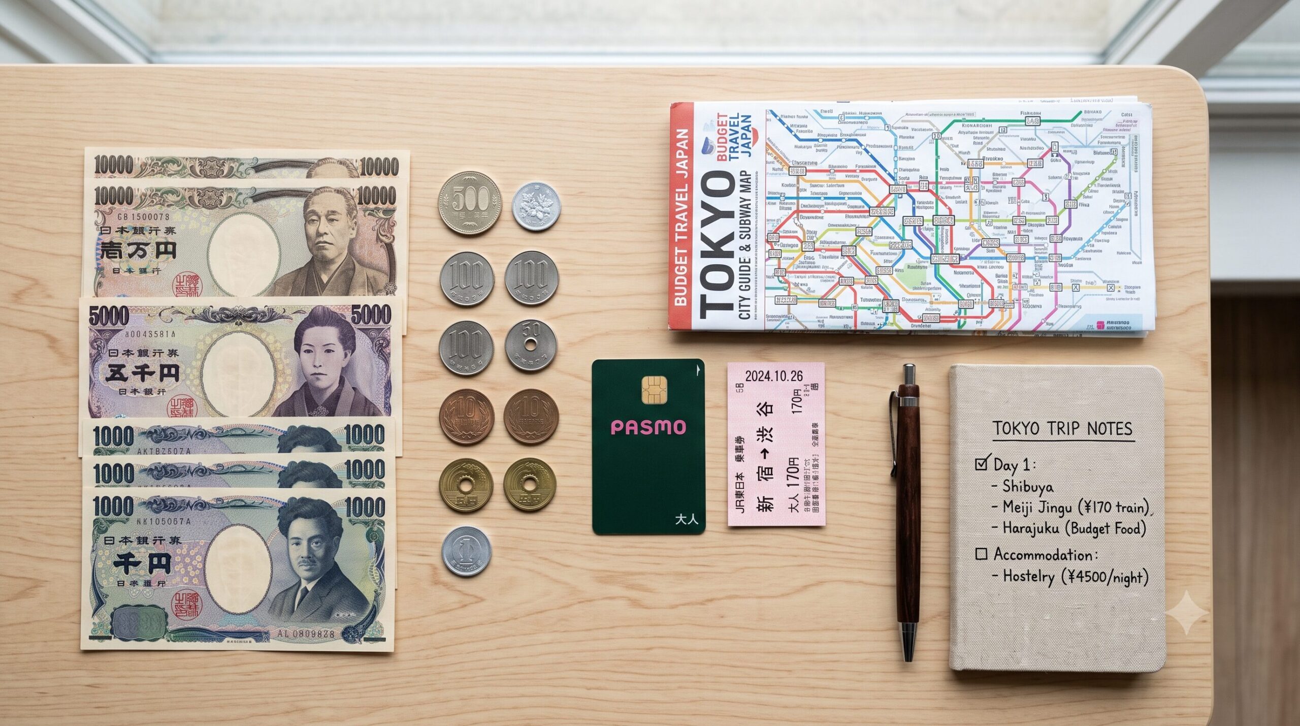 Japanese yen banknotes and coins with a Tokyo subway map for a 5-day Tokyo travel budget