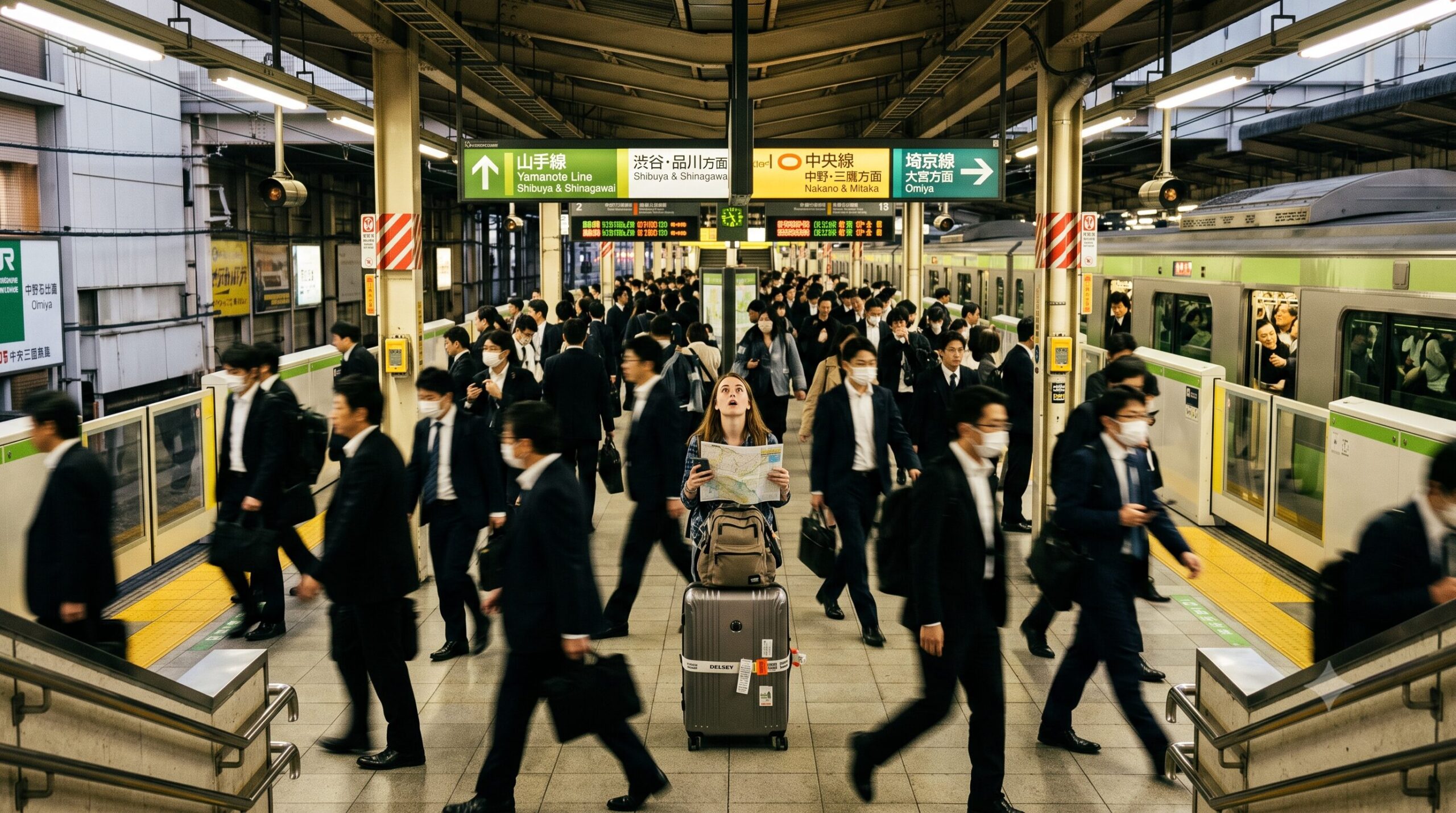 Crowded Tokyo train station platform during rush hour with a confused first-time tourist