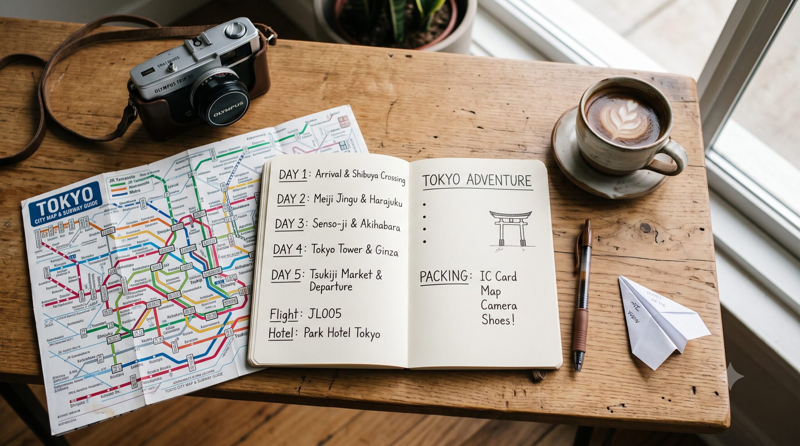 Overhead flat lay of a Tokyo trip planning desk with map, notebook itinerary, camera and coffee