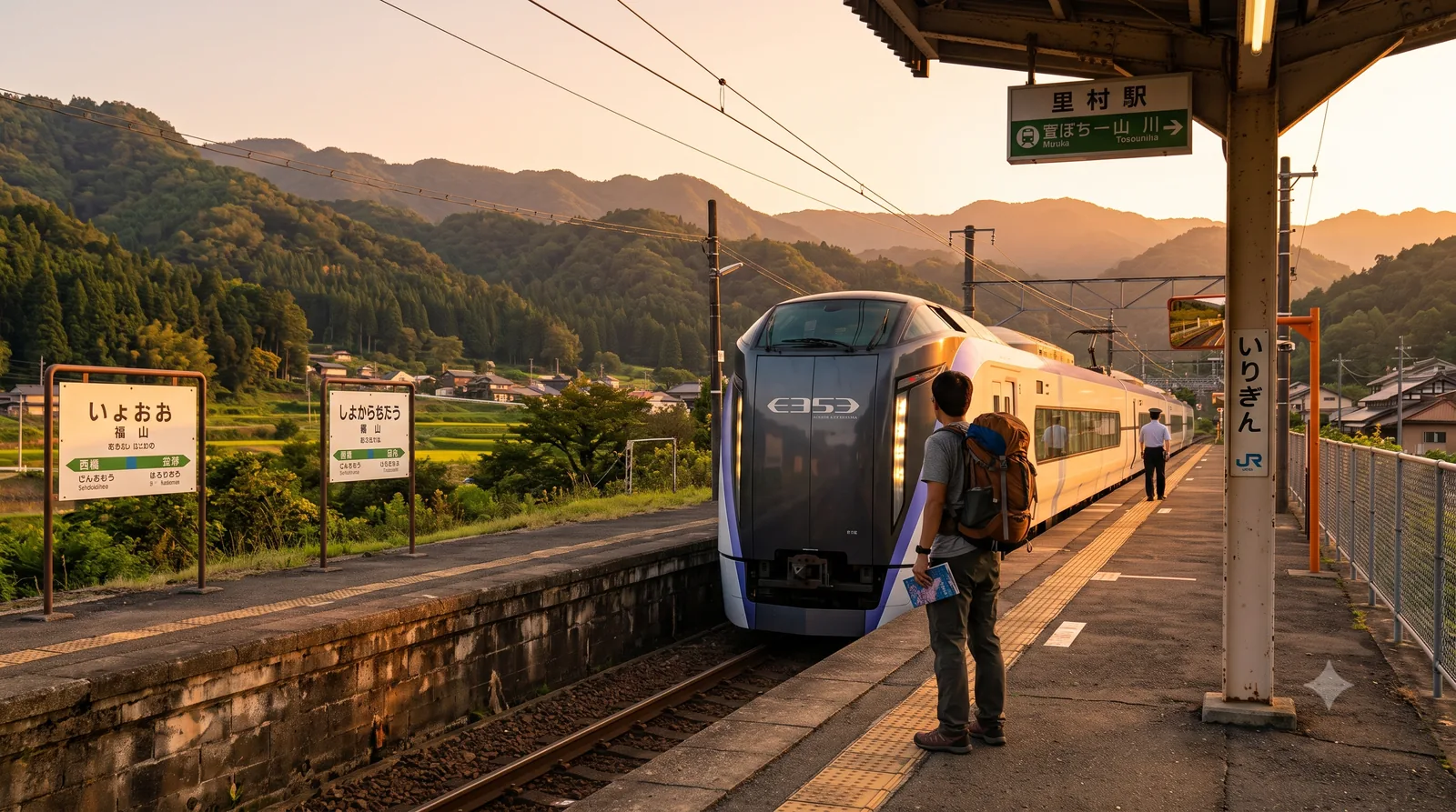 ローカル駅のホームでJR特急を待つ旅行者