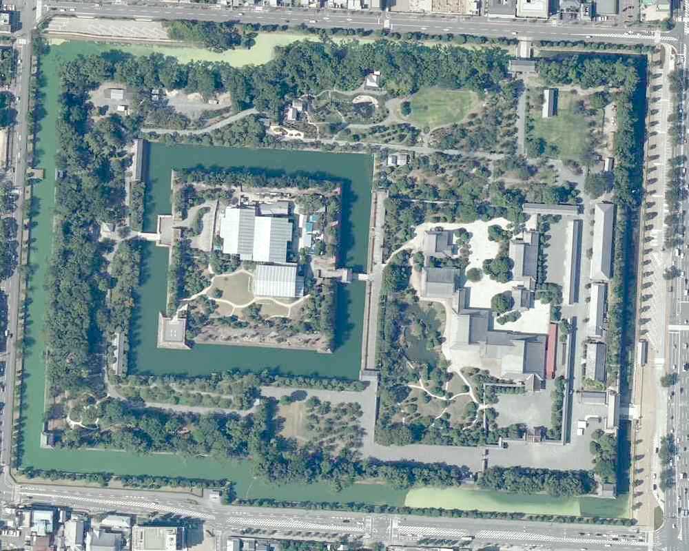 Nijo Castle, two stars in the 2015 Michelin Green Guide — an aerial view of the moats and stone walls