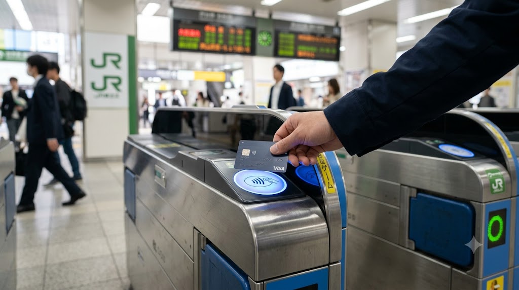 Tapping a contactless credit card on a Japanese train station fare gate