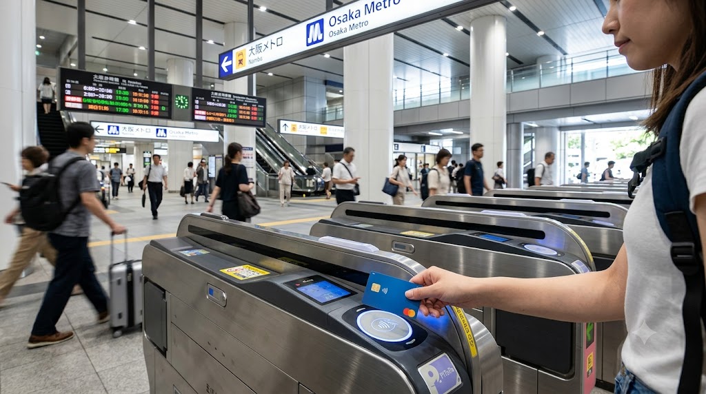 Traveler tapping a credit card at an Osaka Metro ticket gate