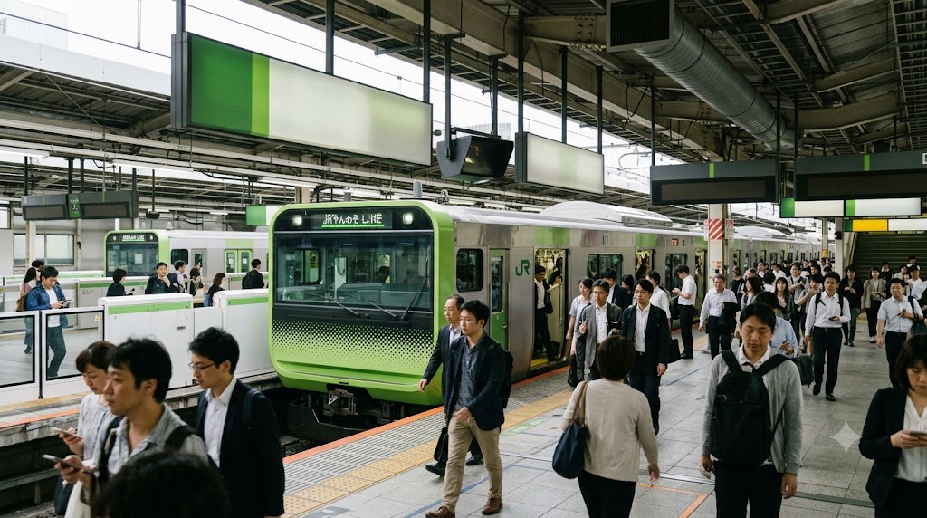 Green Yamanote Line train at a Tokyo JR platform with commuters