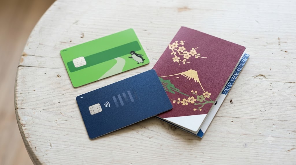 Suica IC card, contactless credit card and passport on a wooden table