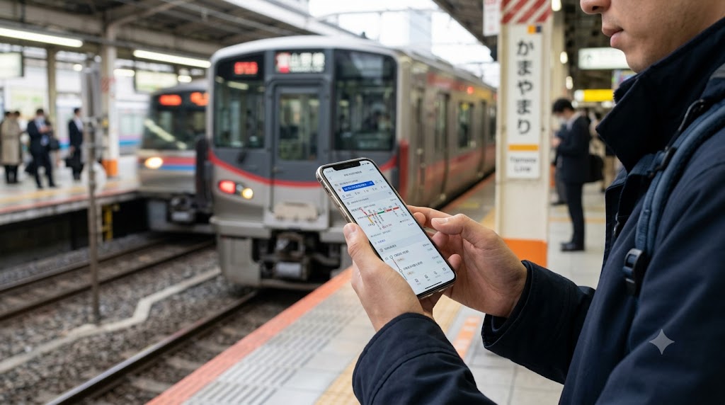 Traveler checking a train route on a smartphone transit app on the platform
