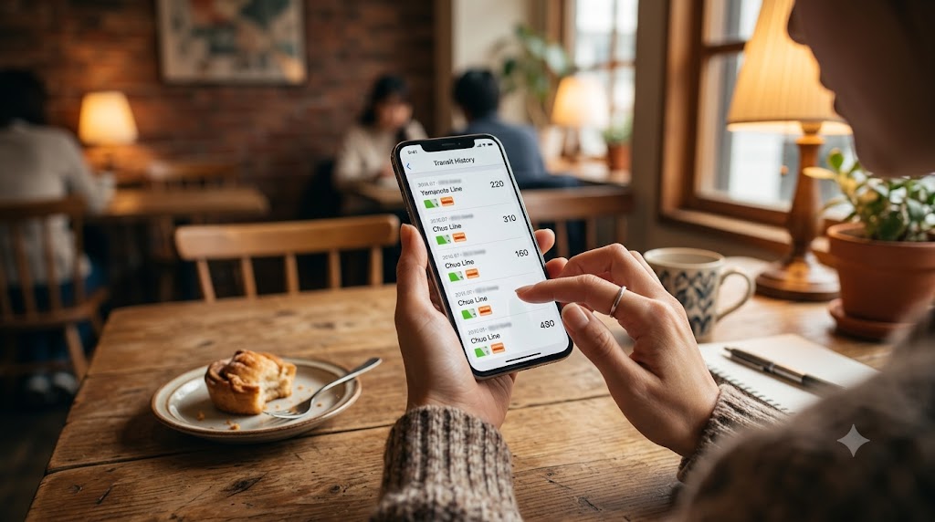 Reviewing train fare payment history on a smartphone at a cafe