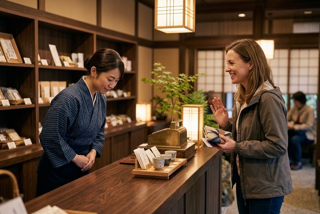 Japanese shop staff giving a small bow to a smiling foreign traveler
