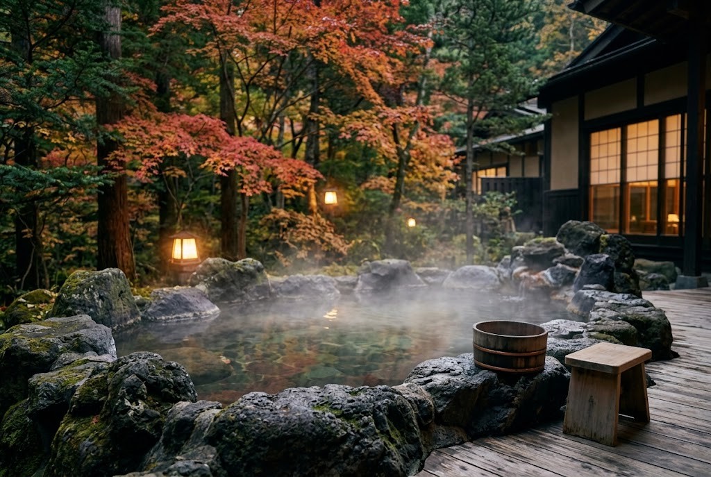 Rock open-air bath at a ryokan surrounded by autumn leaves