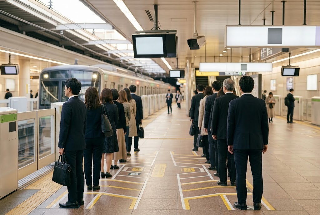 Commuters lined up in two rows at the boarding markings on a Tokyo platform
