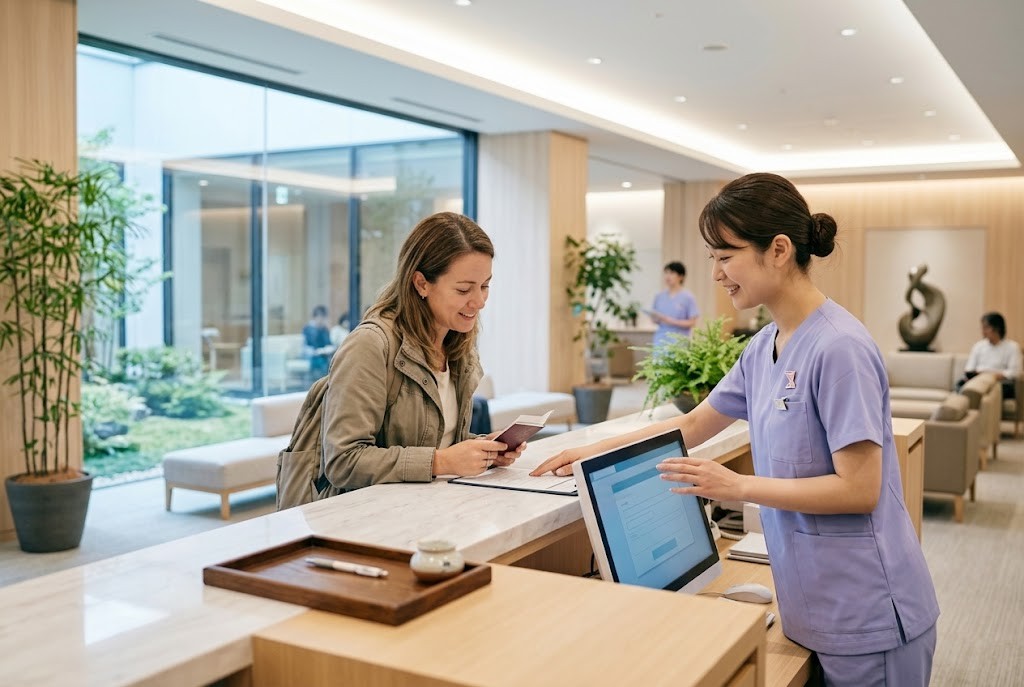 Nurse helping a foreign traveler at a Japanese hospital reception