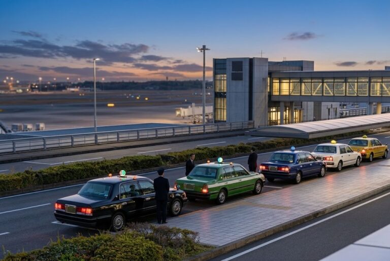 Row of Japanese taxis waiting at an airport terminal taxi rank at dusk