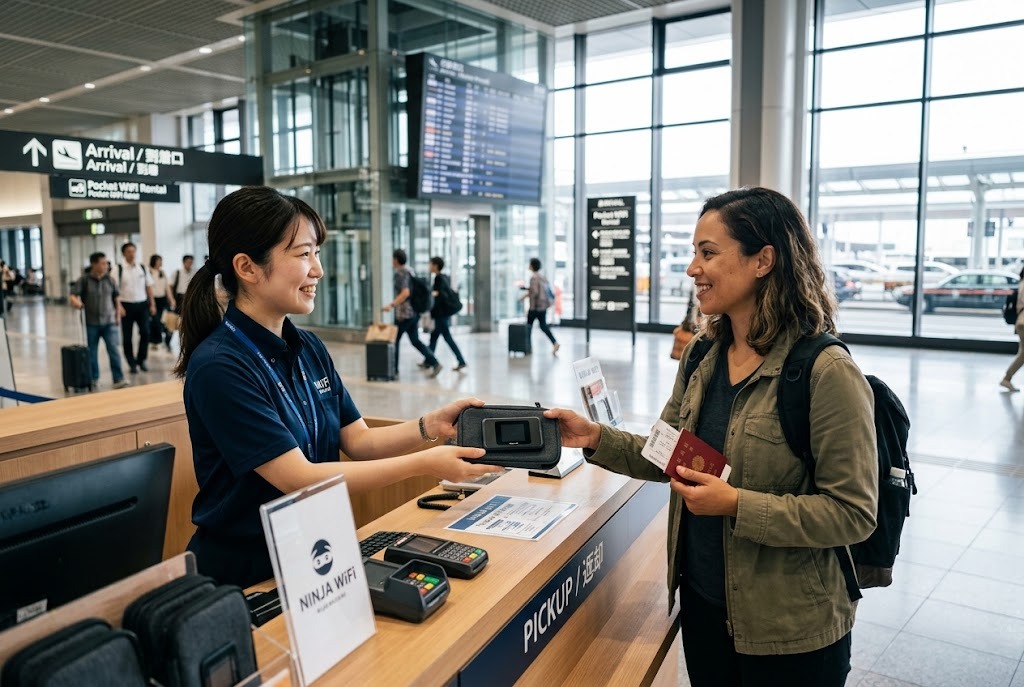 日本の空港到着ロビーにあるポケットWiFiの受け取りカウンター