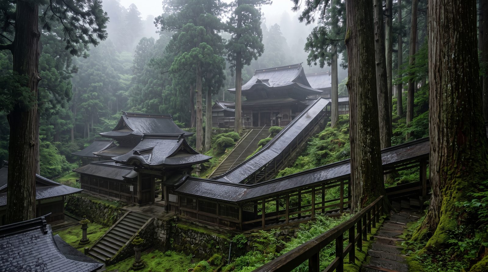 Eihei-ji in Fukui, two stars in the 2015 Michelin Green Guide — halls linked by covered corridors under giant cedars