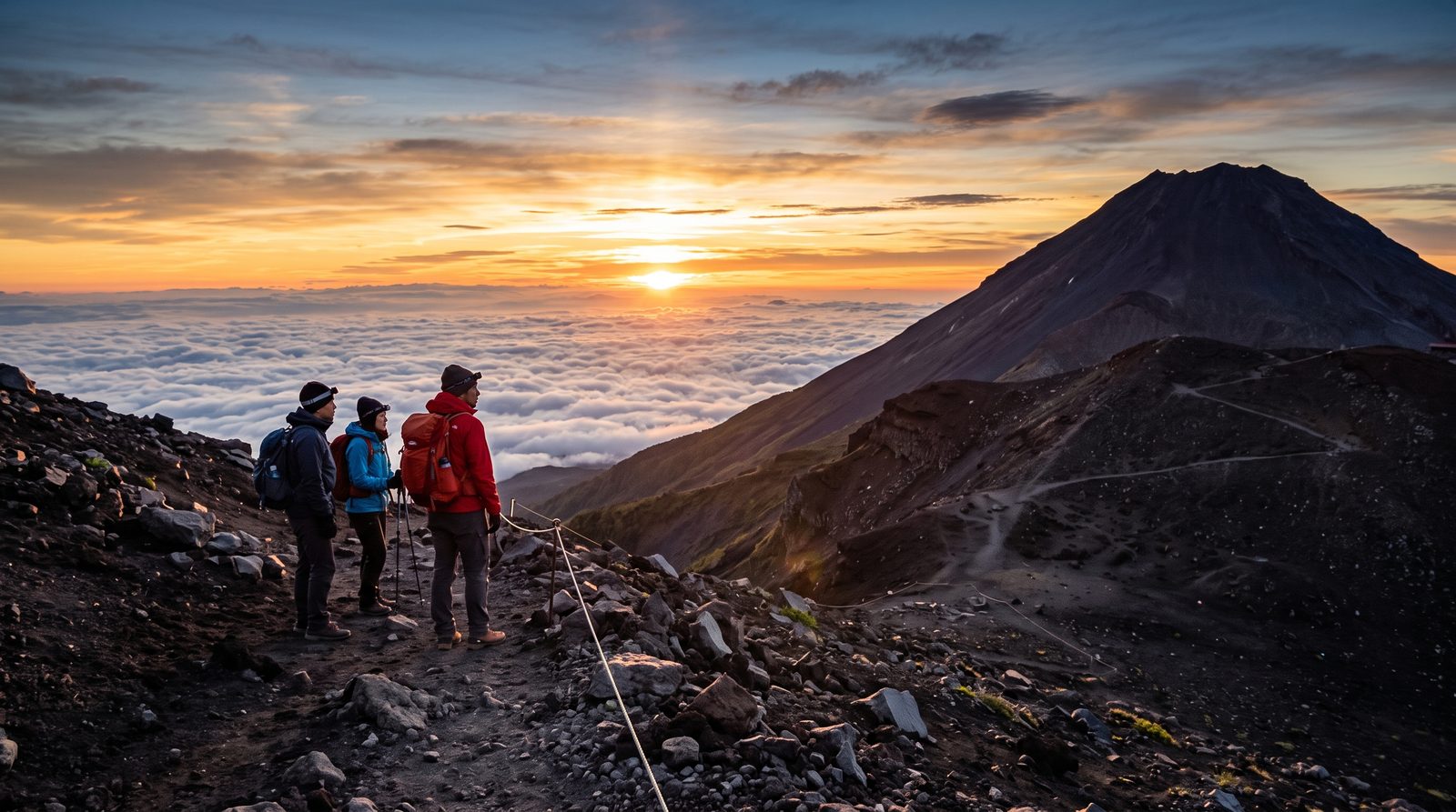 Climbing Mt. Fuji, two stars in the 2015 Michelin Green Guide — climbers watching sunrise above a sea of cloud (illustrative image)