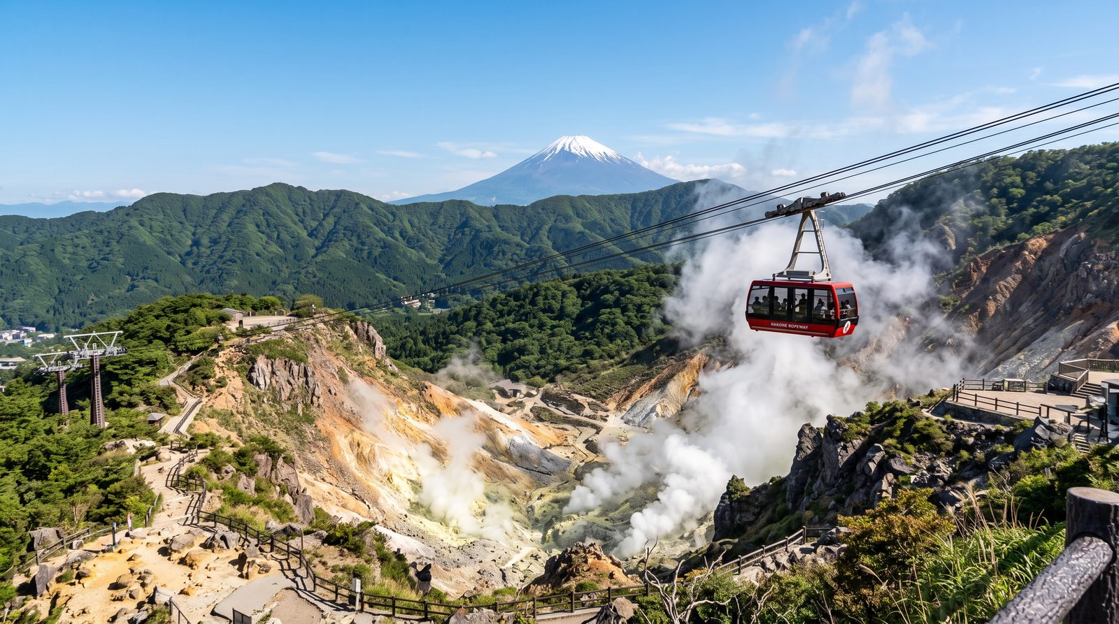 Owakudani in Hakone, two stars in the 2015 Michelin Green Guide — the ropeway above the steam vents with Mt. Fuji beyond (illustrative image)