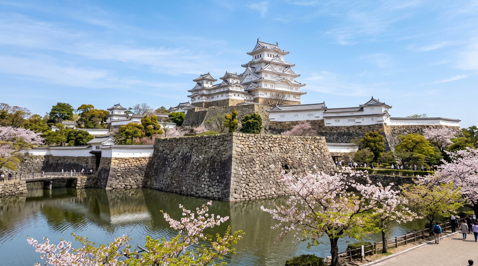 Himeji Castle, three stars in the 2015 Michelin Green Guide — the white keep above its stone walls in cherry season