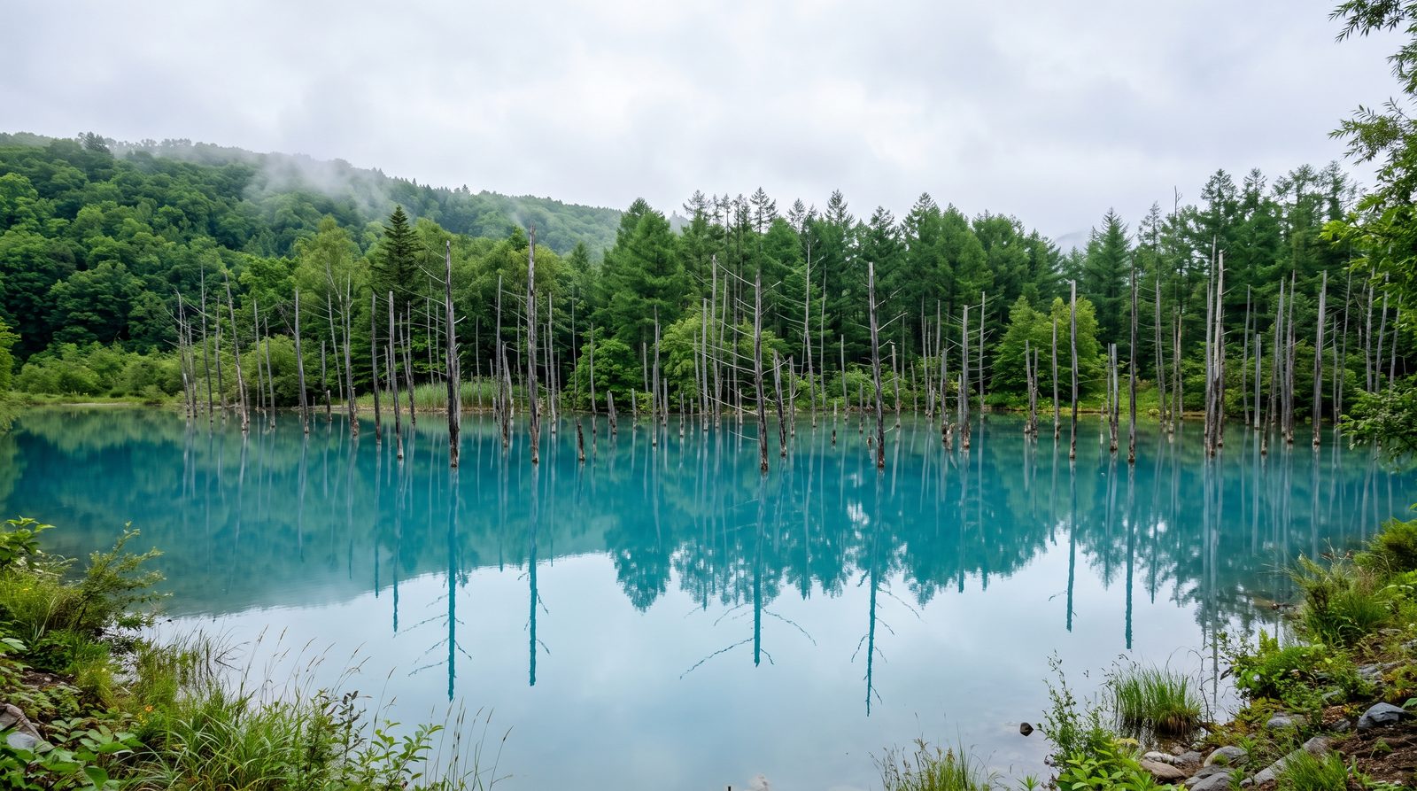 The Blue Pond at Biei, two stars in the 2020 Michelin Green Guide — dead trees standing in milky turquoise water