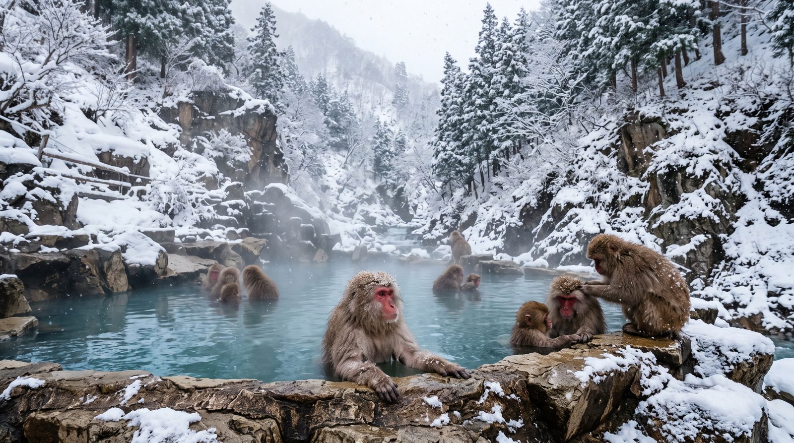 Jigokudani Monkey Park, one star in the 2015 Michelin Green Guide — macaques in the hot spring in winter