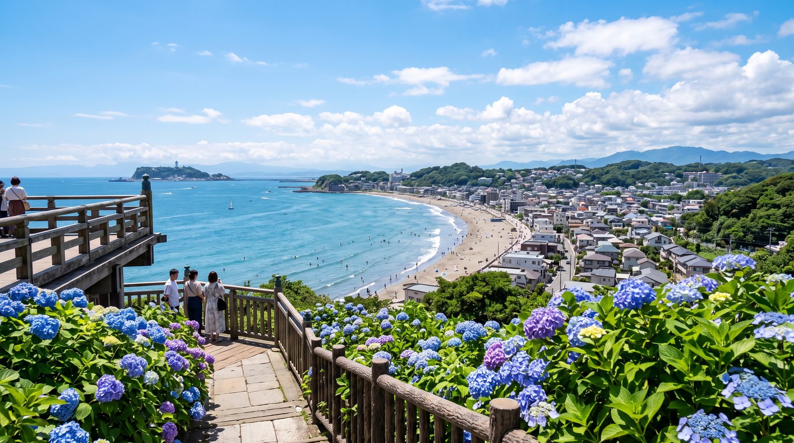 Hase-dera, two stars in the 2015 Michelin Green Guide — Yuigahama bay and hydrangeas from the viewpoint